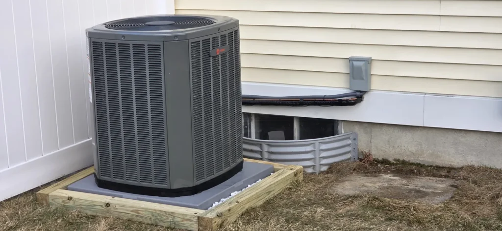 Air conditioner condenser on a level pad beside a home