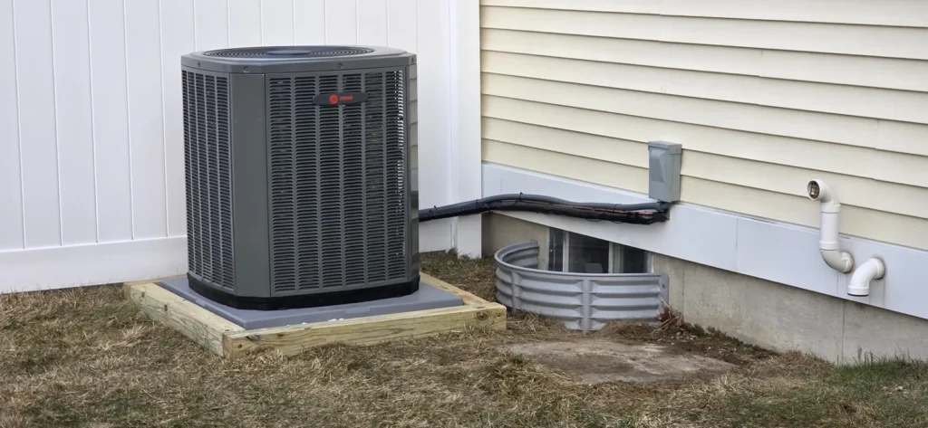 Outdoor AC condenser with refrigerant line set along a house foundation