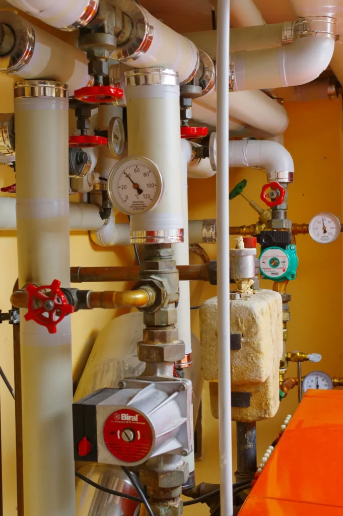 Boiler room near-boiler piping with circulator pumps, valves and pressure gauges