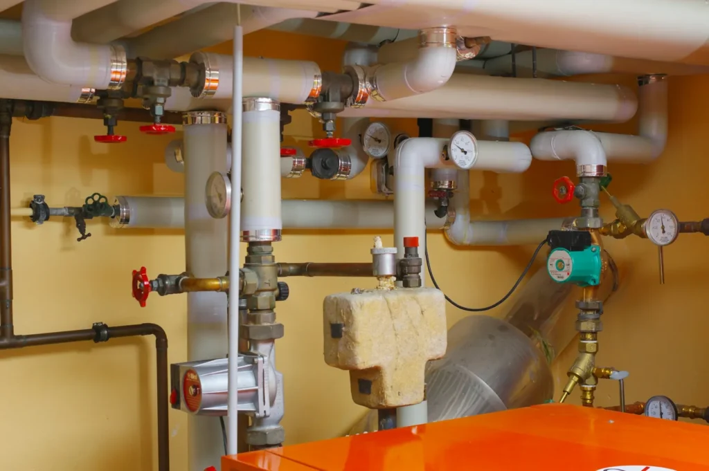 Clean boiler room with insulated pipes, isolation valves and gauges