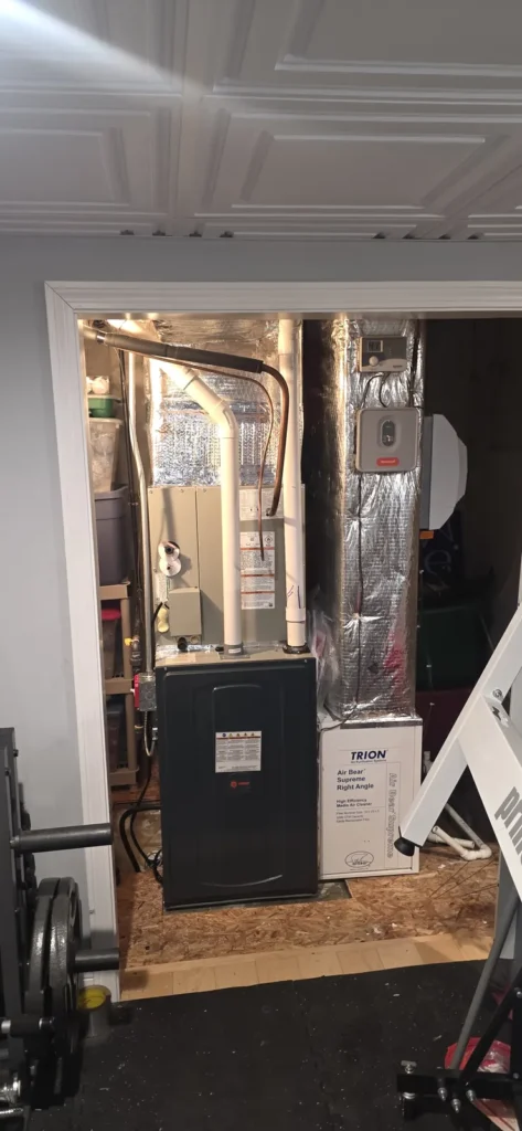 Newly installed gas furnace in a basement