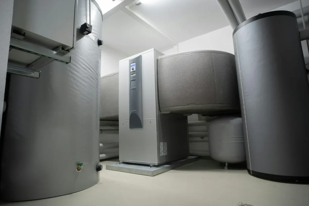Indoor geothermal heat pump with insulated buffer and hot water storage tanks
