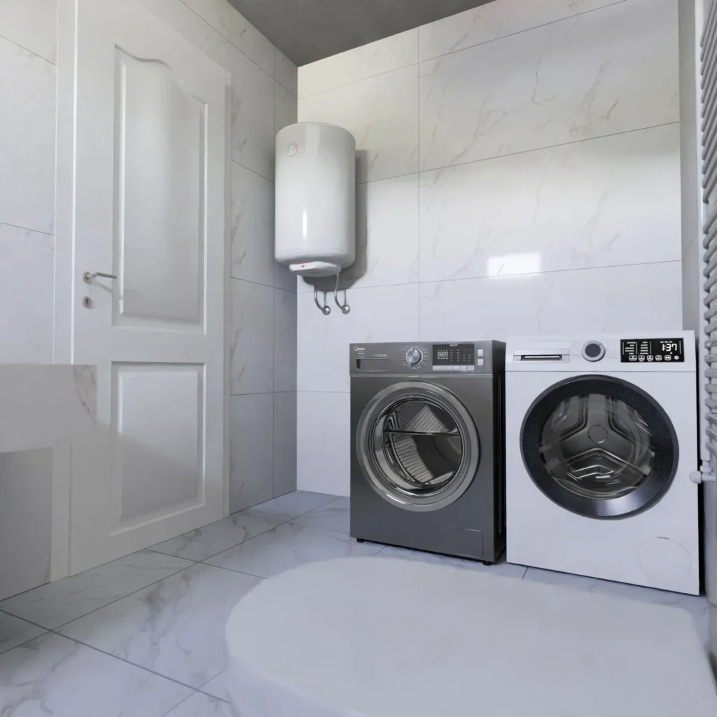 Wall-mounted electric tank water heater above a washer and dryer in a bright laundry room