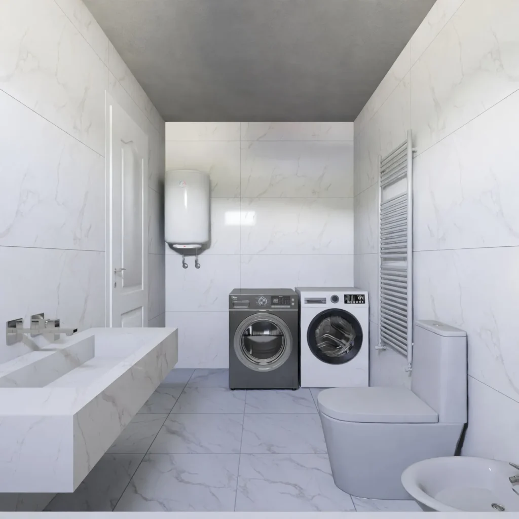 Compact tank water heater mounted in a modern white tiled bathroom with laundry